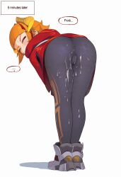 1girl annie_(league_of_legends) anus_visible_through_clothes ass ass_focus bent_over black_hoodie blush cameltoe closed_eyes clothes_lift covered_mouth cum cum_on_ass cum_on_body cum_on_legs embarrassed eyelashes female_focus from_behind full_body grey_pantyhose grey_shoes henz_(ketchupp) hood hood_down hoodie hoodie_lift horns implied_hetero league_of_legends loli lunar_beast_annie multicolored_hair official_alternate_costume orange_hair panties panties_under_pantyhose pantyhose red_hair red_hoodie shoes short_hair simple_background sneakers solo standing streaked_hair two-tone_hair two-tone_hoodie underwear variant_set white_background