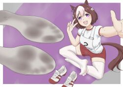 1girl absurdres animal_ears blush border bow braid breasts brown_hair commentary_request crossed_legs ear_bow feet footprints gym_uniform half_up_braid highres horse_ears horse_girl horse_tail indian_style looking_at_viewer medium_breasts no_shoes on_ground open_mouth original_race_uniform_(umamusume) puffy_short_sleeves puffy_sleeves purple_background purple_bow purple_eyes race_bib red_shorts shirt shoe_soles shoes short_hair short_sleeves shorts simple_background sitting smile soles solo special_week_(umamusume) tail thighhighs treadml umamusume unworn_shoes v white_border white_shirt white_thighhighs