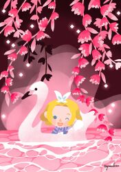 1girl blonde_hair blue_capelet blue_eyes capelet chibi chibi_only classicaloid flower_request frilled_capelet frills hairband highres one_eye_closed open_mouth pyotr_illyich_tchaikovsky_(classicaloid) short_hair solo swan_boat triangle_nose white_hairband yatta_kita