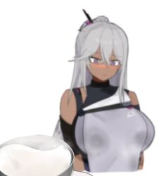 1girl blush breasts closed_mouth commentary cropped_torso cup d5y0m dark-skinned_female dark_skin elmo_dormitory_outfit girls&#039;_frontline girls&#039;_frontline_2:_exilium grey_hair hair_between_eyes highres lactation lactation_through_clothes large_breasts long_hair looking_at_viewer nemesis_(girls&#039;_frontline_2) ponytail purple_eyes simple_background solo white_background