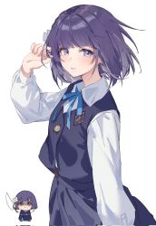Rule 34 | 1girl, blue ribbon, blue skirt, blue vest, blush, character doll, chibigurumi, collared shirt, doll, flower, gakuen idolmaster, hair flower, hair ornament, hashtag-only commentary, hataya misuzu, hatsuboshi gakuen school uniform, highres, holding, holding knife, idolmaster, kitk qun, knife, long sleeves, looking at viewer, mole, mole under mouth, neck ribbon, purple eyes, purple hair, ribbon, school uniform, shaded face, shirt, short hair, simple background, skirt, vest, white background, white shirt