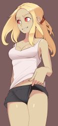 1girl absurdres black_pants blonde_hair blush breasts brown_background cleavage clothes_pull collarbone cowboy_shot dark-skinned_female dark_skin embarrassed forehead from_below gravity_daze highres kitten_(gravity_daze) lifting_own_clothes long_hair looking_to_the_side medium_breasts nickleflick no_panties pants parted_lips red_eyes shiny_skin shirt short_shorts shorts sidelocks simple_background solo tank_top teasing teeth thighs white_shirt
