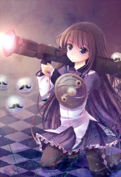 10s akemi_homura akemi_homura_(magical_girl) anthony_(madoka_magica) at4 black_hair hairband highres long_hair mahou_shoujo_madoka_magica mahou_shoujo_madoka_magica_(anime) man-portable_anti-tank_systems pantyhose purple_eyes recoilless_gun rocket_launcher solo tsukimiya_kamiko weapon
