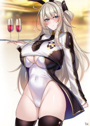 1girl animal_ears aqua_eyes black_thighhighs blush breasts brown_hair cameltoe cleavage closed_mouth commentary_request covered_navel cup curvy drinking_glass duel_monster fake_animal_ears hair_ribbon highres holding kutan large_breasts leotard looking_at_viewer playboy_bunny rabbit_ears ribbon shirt sidelocks sky_striker_ace_-_raye smile solo standing thighhighs tray white_leotard white_shirt wine_glass yu-gi-oh!