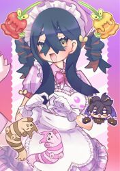 1girl alternate_color alternate_costume alternate_hairstyle animal_hands apron black_hair blush bow bowtie carmine_(pokemon) crossed_bangs dipplin dress fake_tail finger_heart frilled_apron frills furret gen_2_pokemon gloves hair_between_eyes heart heart-shaped_pupils highres kieran_(pokemon) long_hair looking_at_viewer nintendo one_eye_closed open_mouth paw_gloves pink_bow pink_bowtie pink_dress pokemon pokemon_sv purple_hair red_eyes shiny_pokemon symbol-shaped_pupils tacho_baby tail white_apron white_gloves yellow_eyes