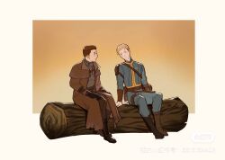 2boys belt black_gloves blonde_hair blue_background blue_bodysuit blush bodysuit border brown_background brown_belt brown_coat brown_hair brown_shoes closed_mouth coat commentary cosplay courier_(fallout:_new_vegas) courier_(fallout:_new_vegas)_(cosplay) english_commentary fallout fallout:_new_vegas fallout_3 full_body gloves gradient_background hans_capon henry_of_skalitz kingdom_come:_deliverance_ii log lone_wanderer looking_at_another male_focus multiple_boys nose open_clothes open_coat pip_boy profile shoes short_hair sitting smile tworain_w watermark weibo_username weibo_watermark white_border
