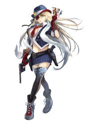 blonde_hair blue_eyes breasts card cleavage eyepatch gloves gun hair_intakes jacket long_hair looking_at_viewer midriff miniskirt navel necktie non-web_source official_art open_clothes open_jacket open_mouth playing_card simple_background skirt tagme thighhighs weapon wicked_dorothy_(wonderland_wars) wonderland_wars