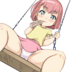 1girl blush bottle drink drinking flat_chest green_eyes highres holding holding_bottle jahy-sama_wa_kujikenai! kokoro_(jahy) loli looking_at_viewer panties pink_hair pink_skirt ponytail ramune shirt short_hair short_sleeves side_ponytail sitting skirt spread_legs swing t_jiroo_(ringofriend) underwear white_background white_panties yellow_shirt