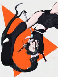 Rule 34 | 1girl, black boots, black skirt, boots, closed mouth, female focus, gloves, grey eyes, holy jumonji sword, last origin, legs apart, long hair, magadori kyoshika, orange background, pleated skirt, ponytail, scabbard, sheath, skirt, smile, solo, solo focus, sword, the hundred line -last defense academy-, upside-down, weapon, white background, white gloves