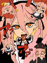 1girl alternate_costume ao_6336 apron black_dress black_robe black_skirt border boxing_gloves chainsaw_man chibi chibi_inset closed_eyes commentary cross-shaped_pupils double_gyaru_v dress enmaided glasses gothic_lolita gyaru_v hair_between_eyes hairband hat horns horns_through_headwear index_finger_raised jouzai_(song) lolita_fashion lolita_hairband long_bangs long_hair looking_at_viewer maid maid_apron mortarboard multicolored_eyes multiple_views outside_border pill_on_tongue pink_hair power_(chainsaw_man) red_border red_pupils red_shorts robe sharp_teeth shirt short_eyebrows short_sleeves shorts shout_lines skirt stuffed_animal stuffed_rabbit stuffed_toy symbol-only_commentary symbol-shaped_pupils teeth tongue tongue_out translation_request twintails two-tone_eyes v white_shirt yellow_background yellow_eyes