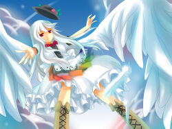 1girl alternate_color angel_wings black_hat blue_sky bow cloud feathers food frills fruit fruit_hat_ornament g-tenko-r hair_between_eyes hat hat_ornament hinanawi_tenshi leaf_hat_ornament light_persona long_hair looking_at_viewer m.u.g.e.n midair open_hand outstretched_arms peach peach_hat_ornament rainbow_order red_bow red_eyes sheeg short_sleeves skirt sky solo touhou white_skirt wings