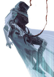 1girl absurdres armor black_armor black_cape black_knife_(elden_ring) black_knife_assassin cape elden_ring gauntlets highres holding holding_knife holding_weapon hood hood_up hooded_cape knife rocher-hd solo weapon white_background