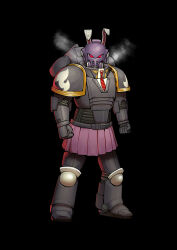 1girl absurdres adeptus_astartes armor armored_boots black_background boots breastplate commentary_request cookie_(touhou) full_body gauntlets helm helmet highres hisui_(cookie) looking_at_viewer necktie ooga_chaka pauldrons pink_skirt pleated_skirt power_armor red_necktie reisen_udongein_inaba shoulder_armor simple_background skirt smoke solo touhou warhammer_40k