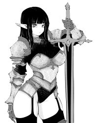 1girl armor blunt_bangs breasts closed_mouth commentary english_commentary garter_straps gauntlets greatsword greyscale highres holding holding_sword holding_weapon large_breasts long_hair long_pointy_ears miregeist monochrome original pauldrons pointy_ears shoulder_armor simple_background skindentation solo standing sword weapon white_background