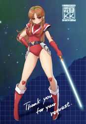 Rule 34 | altiana, armor, artist name, belt, black belt, boots, brown eyes, brown hair, closed mouth, commentary, elbow pads, energy sword, full body, gloves, gluteal fold, green hairband, hairband, hand on own hip, heart sticker, highres, holding, holding sword, holding weapon, impossible clothes, impossible leotard, kkzk61539201, legs apart, leotard, long hair, long sidelocks, looking at viewer, pauldrons, red boots, red gloves, red leotard, shoulder armor, sidelocks, skin tight, space hunter, standing, star (sky), sticker, sword, thank you, thighs, twitter username, weapon