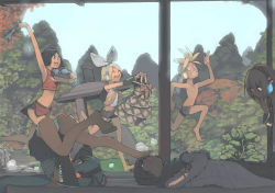 2boys 4girls akinbo_(hyouka_fuyou) bad_id bad_pixiv_id barefoot black_hair blonde_hair bow crossdressing crossed_arms dark dust feet grin hair_bow hatsune_miku jpeg_artifacts kagamine_len kagamine_rin kaito_(vocaloid) lying megurine_luka meiko_(vocaloid) multiple_boys multiple_girls open_mouth outdoors panties pond running scared shade shrine smile striped_clothes striped_panties tears top-down_bottom-up tree underwear vocaloid