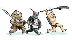 3boys :d aby armor armored_boots arms_up aura bald barefoot boots breastplate chainmail chosen_undead commentary_request dark_souls_(series) dark_souls_i full_body helmet highres holding holding_polearm holding_sword holding_weapon knight loincloth multiple_boys open_mouth plume polearm running shield shield_on_back siegmeyer_of_catarina simple_background smile solaire_of_astora spear sword tabard weapon white_background white_tabard