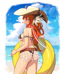 arknights ass back belt bikini black_bikini blue_sky breasts brown_belt cloud commentary cowboy_hat demon_horns dummyeq flower flower_in_mouth hat highres holding holding_swim_ring horns innertube long_hair medium_breasts outdoors purple_eyes red_hair sky surtr_(arknights) swim_ring swimsuit symbol-only_commentary yellow_innertube