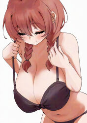 1girl black_bra black_panties blush bra braid breasts cleavage closed_eyes closed_mouth commentary_request curvy emma_verde freckles hair_between_eyes hanging_breasts highres huge_breasts long_hair love_live! love_live!_nijigasaki_high_school_idol_club navel panties pisagi sidelocks simple_background smile solo standing twin_braids underwear white_background
