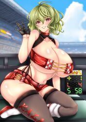 1girl absurdres alternate_costume bare_shoulders belt black_gloves black_thighhighs blue_sky blurry blurry_background breasts choker cleavage collarbone cross-laced_clothes curvy day gloves green_hair grin hair_between_eyes half_gloves hand_up highleg highleg_panties highres huge_breasts kazami_yuuka kuga_zankurou looking_at_viewer microskirt navel outdoors panties race_queen red_choker red_eyes red_shorts shiny_skin short_hair shorts sitting skindentation skirt sky smile solo stomach thighhighs thighs touhou underboob underwear waving wavy_hair