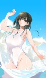 1girl black_eyes black_hair blue_sky breasts cleavage cloud commentary_request day earrings hand_up jewelry kimi_wa_meido-sama large_breasts long_hair looking_at_viewer ocean one-piece_swimsuit outdoors parted_lips shotan sky solo swimsuit thighs wading water white_one-piece_swimsuit yuki_(kimi_wa_meido-sama)