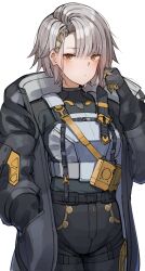 Rule 34 | 1girl, black gloves, black jacket, black pants, blush, brown hair, closed mouth, commentary request, corrupted twitter file, girls&#039; frontline, girls&#039; frontline 2: exilium, gloves, hair ornament, hairpin, hand in pocket, hand up, highres, hood, hooded jacket, jacket, looking at viewer, open clothes, open jacket, pants, ringobatake, short hair, simple background, solo, two-tone gloves, vector (girls&#039; frontline), vector (girls&#039; frontline 2), vest, white background, white vest, yellow eyes, yellow gloves