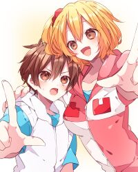 Rule 34 | 1boy, 1girl, :d, blonde hair, blue shirt, blush, breasts, brown eyes, brown hair, character request, collarbone, commentary request, copyright request, double-parted bangs, hair between eyes, highres, hood, hood down, hooded vest, hoodie, index finger raised, kaho 0102, large breasts, open mouth, outstretched arm, red hoodie, shirt, short hair, short sleeves, smile, upper body, vest, white vest