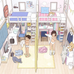 1boy 1girl bra brother_and_sister cat curtains desk dressing fixed-point_camera full_body highres indoors kiyo_(kyokyo1220) loft_bed male_underwear original panties shirt siblings standing television time_lapse underwear white_bra white_male_underwear white_panties white_shirt window