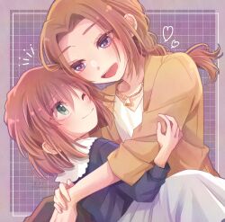 2girls :d ;) artist_name black_shirt blue_eyes breasts brown_jacket closed_mouth eye_contact green_eyes grid_background haibara_ai heart highres hug jacket jewelry long_hair long_sleeves looking_at_another meitantei_conan meitantei_conan_kurogane_no_submarine multiple_girls naomi_argento necklace notice_lines one_eye_closed open_mouth purple_background purple_eyes shirt short_hair skirt smile suigyoku_(smeraldo) teeth twitter_username upper_teeth_only white_shirt white_skirt yuri