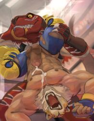 2boys abs absurdres bara bare_pectorals biceps bulge character_name claws commentary cum cum_on_body dangpa english_commentary facial fangs furry furry_male gloves highres king_(tekken) king_of_dinosaurs knee_pads leg_grab looking_at_another male_focus masked multiple_boys muscular muscular_male navel nipples open_mouth pants pectorals penis tekken the_king_of_fighters topless_male torn_clothes torn_pants upside-down wrestling wrestling_outfit yaoi