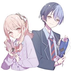 Rule 34 | 1boy, 1other, absurdres, akiyama mizuki, aoyagi touya, blazer, blue hair, blush, bow, cardigan, collared shirt, commentary request, diagonal-striped bow, diagonal-striped clothes, diagonal-striped necktie, dot nose, flower, hands up, highres, holding, holding flower, jacket, kamiyama high school uniform (project sekai), lapels, long hair, long sleeves, mole, mole under eye, multicolored hair, necktie, notched lapels, open clothes, open jacket, pink eyes, pink flower, pink hair, project sekai, purple cardigan, school uniform, shirt, short hair, side ponytail, simple background, smile, split-color hair, split mouth, striped bow, striped clothes, tachibanapore, two-tone hair, upper body, white background