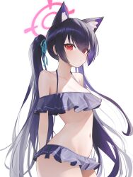 Rule 34 | 1girl, absurdres, animal ear fluff, animal ears, bikini, bikini skirt, black hair, blue archive, breasts, cat ears, cat girl, collarbone, cowboy shot, hair ribbon, halo, hantata, highres, long hair, medium breasts, navel, official alternate costume, red eyes, ribbon, serika (blue archive), serika (swimsuit) (blue archive), simple background, solo, swimsuit, twintails, very long hair, white background