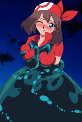 1girl alternate_breast_size bandana blue_eyes blush breasts brown_hair cloud collared_shirt commentary_request eyelashes groping highres looking_down may_(pokemon) medium_hair night nintendo one_eye_closed outdoors parted_lips pokemon pokemon:_jirachi:_wish_maker pokemon_(anime) pokemon_rse_(anime) red_bandana red_shirt sakura_painter shirt short_sleeves sky slime_(substance) star_(sky) tentacles