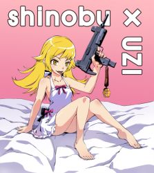 bakemonogatari barefoot blonde_hair gun machine_pistol monogatari_(series) oshino_shinobu submachine_gun uzi weapon yellow_eyes