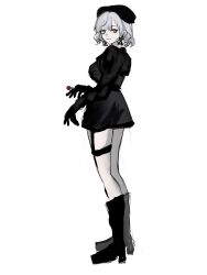 1girl akai_ringo_(eveyuno) black_dress boots dress highres long_sleeves looking_at_viewer original smirk standing white_background white_hair