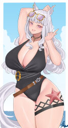 1girl absurdres animal_ears black_one-piece_swimsuit casual_one-piece_swimsuit eyewear_on_head gold_ship_(run_revolt_launcher)_(umamusume) gold_ship_(umamusume) highres horse_ears horse_girl horse_tail official_alternate_costume one-piece_swimsuit purple-tinted_eyewear smile solo starfish sunglasses swimsuit taiko3000cc tail tinted_eyewear umamusume