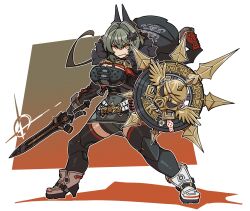 1girl black_gloves black_helmet black_horns black_jacket black_thighhighs blush breasts caesar_king_(zenless_zone_zero) cleavage fur-trimmed_jacket fur_trim gloves green_hair hair_between_eyes hair_intakes hair_ornament helmet highres holding holding_shield holding_sword holding_weapon horns jacket large_breasts long_hair prosthesis prosthetic_arm shield smile sword syoya thighhighs weapon yellow_eyes zenless_zone_zero
