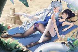 2girls absurdres ahoge ass back beach black_pantyhose black_thighhighs blue_archive blush breasts commentary_request day demon_girl demon_horns demon_wings double_bun grey_eyes grey_halo hair_bun halo highres hina_(blue_archive) horns innertube kisaki_(blue_archive) long_hair looking_at_viewer lying multiple_girls on_back open_mouth outdoors pantyhose parasol purple_eyes sand school_swimsuit small_breasts swim_ring swimsuit thighhighs umbrella white_hair white_pantyhose wings youye_(rusk8588)