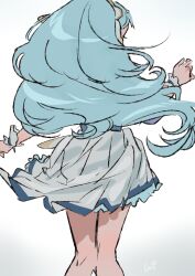 Rule 34 | 1girl, absurdres, bare legs, beads, blue hair, blue shirt, blue wrist cuffs, circlet, cowboy shot, cure ange, floating clothes, floating hair, frilled skirt, frilled wrist cuffs, frills, from behind, hair beads, hair ornament, hair tubes, hairband, highres, hugtto! precure, long hair, magical girl, miniskirt, pleated skirt, precure, shipu (gassyumaron), shirt, signature, simple background, skirt, solo, standing, very long hair, white background, white hairband, white skirt, wrist cuffs, yakushiji saaya