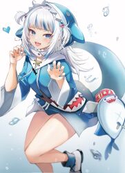 1girl animal_costume animal_hood bloop_(gawr_gura) blue_eyes blue_footwear blue_hair blue_jacket blue_nails blurry claw_pose depth_of_field fingernails fins fish_tail gawr_gura gawr_gura_(1st_costume) god284777 hair_ornament hands_up heart highres hololive hololive_english hood hood_up jacket long_sleeves looking_at_viewer medium_hair multicolored_footwear multicolored_hair multicolored_jacket nail_polish open_mouth shark_costume shark_girl shark_hair_ornament shark_hood shark_tail sharp_fingernails sharp_teeth smile streaked_hair tail teeth thighs two-tone_hair two_side_up underwater v-shaped_eyebrows virtual_youtuber white_footwear white_hair wide_sleeves x