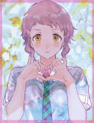 1girl artist_name blush collared_shirt copyright_request expressionless grey_hair heart heart_hands highres looking_at_viewer necktie plaid_clothes plaid_necktie shirt short_hair short_sleeves solo ueno_zousui upper_body white_shirt