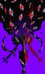 Rule 34 | abbadomon, abbadomon core, black cape, black skin, cape, colored skin, confeito000 333, cowboy shot, digimon, digimon (creature), extra eyes, extra mouth, glowing, glowing eyes, highres, multicolored skin, purple background, red eyes, red skin, sharp teeth, simple background, teeth, two-tone skin