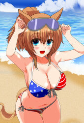 1girl american_flag american_flag_bikini american_flag_print animal_ears beach bikini blue_eyes blue_sky breasts brown_hair cleavage cloud cowboy_shot day eyewear_on_head flag_print hair_between_eyes highres horizon horse_ears horse_girl horse_tail large_breasts long_hair looking_at_viewer ocean outdoors ponytail print_bikini side-tie_bikini_bottom sky solo sunglasses swimsuit taiki_shuttle_(umamusume) tail thigh_gap tkka umamusume