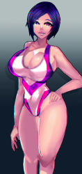 1girl bare_shoulders black_background blue_hair breasts cleavage female_focus gradient_background large_breasts looking_at_viewer purple_eyes short_hair smile solo thighs zxc