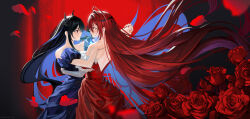 2girls absurdly_long_hair absurdres ahoge bare_shoulders black_hair blue_dress blue_fire blue_hair colored_inner_hair commentary couple dancing detached_sleeves dress elizabeth_rose_bloodflame falling_petals fire fire_on_chest floating_hair flower hand_around_waist hand_up highres hololive hololive_english horn_flower horns huge_ahoge incredibly_absurdres long_dress long_hair looking_at_another massiveyog multicolored_hair multiple_girls nerissa_ravencroft petals puffy_detached_sleeves puffy_short_sleeves puffy_sleeves red_dress red_eyes red_flower red_hair red_rose rose short_sleeves sidelocks strapless strapless_dress symbol-only_commentary very_long_hair virtual_youtuber waltz_(dance) yuri