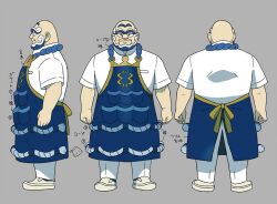 1boy apron bald beard blue_apron blue_hair chef closed_mouth concept_art facial_hair kofu_(pokemon) looking_at_viewer male_focus multicolored_hair nintendo official_art pants pokemon pokemon_sv reference_sheet shirt short_sleeves smile solo two-tone_hair unibrow white_shirt
