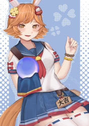 +_+ 1girl absurdres animal_ears backpack bag bead_bracelet beads blue_skirt blush border bracelet commentary_request cowboy_shot ear_covers ema flipped_hair hair_between_eyes highres holding_orb horse_ears horse_girl horse_tail jewelry looking_at_viewer maneki-neko matikanefukukitaru_(umamusume) open_mouth orange_hair orb pleated_skirt school_uniform serafuku single_ear_cover skirt smile solo tail thighhighs tyanpa89 umamusume watermark white_border white_thighhighs yellow_eyes