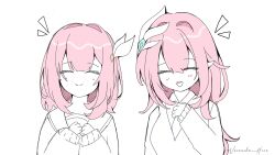 Rule 34 | 2girls, alternate costume, closed mouth, color connection, company connection, cyrene (honkai: star rail), elf, elysia (honkai impact), hair color connection, hair ornament, highres, honkai: star rail, honkai (series), honkai impact 3rd, inoue marina, long hair, multiple girls, open mouth, partially colored, pink hair, pointy ears, short hair, smile, sweater, twitter username, upper body, veronika hir0, voice actor connection, yanning