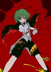 Rule 34 | 1girl, antennae, black cape, black shorts, breasts, bug, cape, center frills, centipede, closed mouth, collared shirt, commentary request, cowboy shot, frills, gloves, green eyes, green hair, grey gloves, grey shirt, kazuiyun, looking at viewer, puffy short sleeves, puffy sleeves, red background, red cape, shirt, short hair, short sleeves, shorts, silk, small breasts, smile, solo, spider web, touhou, two-sided cape, two-sided fabric, v-shaped eyebrows, wriggle nightbug