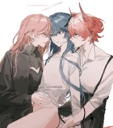 3girls absurdres alternate_costume arknights black_horns black_jacket black_pants black_tail blue_eyes blue_hair bottomless breasts cleavage clothing_cutout collared_shirt commentary demon_horns demon_tail dress_shirt earrings eye_contact face-to-face fallen_angel fff_threesome fiammetta_(arknights) g_xio111 girl_sandwich grey_halo group_sex halo hand_on_another&#039;s_stomach hand_under_clothes heart_cutout highres horns jacket jewelry lemuen_(arknights) long_hair long_sleeves looking_at_another mostima_(arknights) multiple_girls open_clothes open_jacket pants parted_lips pink_eyes pink_hair pink_halo popped_collar profile red_eyes red_hair sandwiched shirt short_hair simple_background sitting smile suspenders sweatdrop sweater symbol-only_commentary tail tail_around_arm threesome turtleneck white_background white_shirt white_sweater yuri